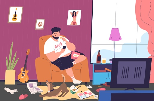 Lazy fat man. Obese person eat stress on chair watching tv messy junk room, wrong unhealthy sedentary lifestyle, funny overweight guy with belly, cartoon vector illustration of fat lazy and overweight