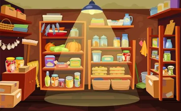 Vector illustration of Pantry room. Kitchen cellar with food preserves conserved vegetables jars on organise shelves in garden house basement, home cupboard storage interior neoteric vector illustration