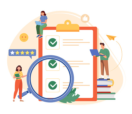 Online customer satisfaction survey. Large paper with checkmarks and crosses. Tiny people characters doing priorities checklist flat vector illustration. Work planning, feetback and management concept