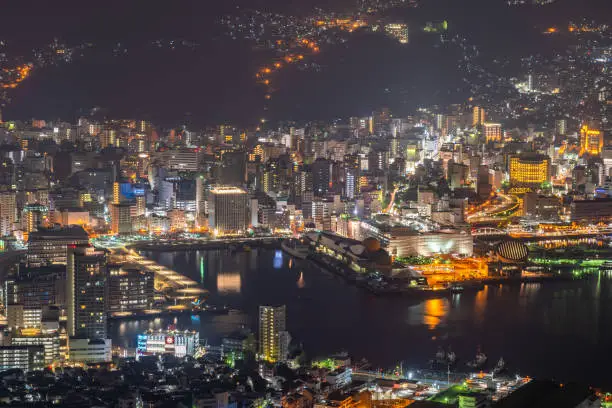 Photo of Nagasaki city light up at night. Panorama nightscape from Mt Inasa observation platform deck
