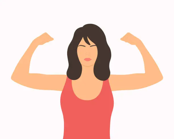 Vector illustration of Strong Woman Flexing Her Muscles. Empowerment Of Women, Feminism, Women's Rights, Gender Equality And Happy Women's Day Concept