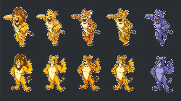 Vector illustration of lion leopard puma tiger panther logo cartoon mascot set