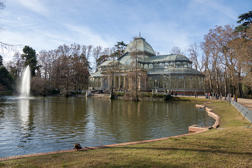 Madrid Spain on January 9, 2023 Pond at  The Glass Palace in Buen Retiro Park in Madrid. Palacio de Cristal.