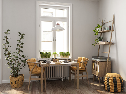 Modern Living Room Interior With Wooden Table, Chairs, Bookshelf And Potted Plants