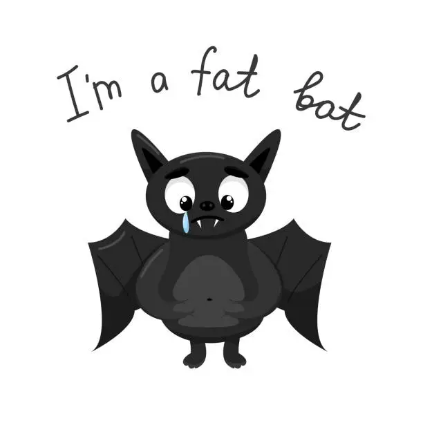 Vector illustration of The character, a black bat, cries and holds a fat tummy.