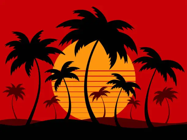 Vector illustration of Palm trees on a retro sunset background. Tropical palm trees against the backdrop of a futuristic sunset. Design for promotional products, banner and poster. Vector illustration