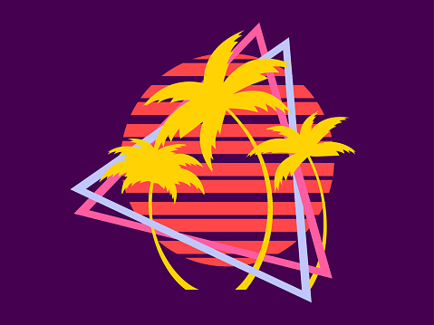 80s retro sci-fi palm trees on a sunset in triangular frame. Retro futuristic sun with palm trees. Synthwave and retrowave style. Design for advertising banners and posters. Vector illustration