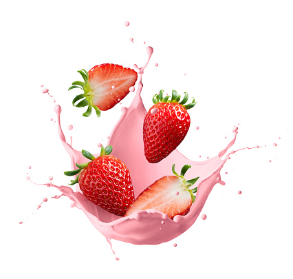 Milk or yogurt splash with strawberries isolated on white