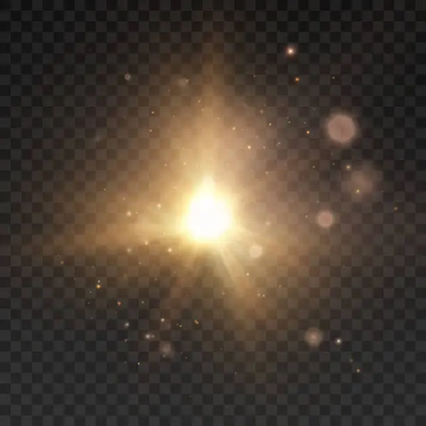 Vector illustration of Abstract light effect. Explosion of a golden nova in outer space. Vector on transparent background.