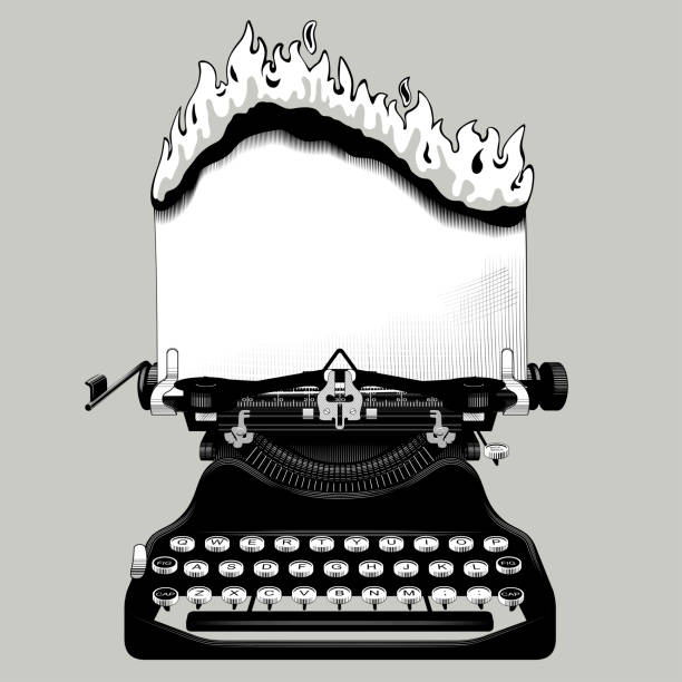 Engraved vintage drawing of an old typewriter with a burning paper Old typewriter with a burning paper. Vintage engraving stylized drawing. Vector illustration steampunk woman stock illustrations