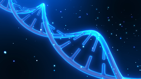 DNA deoxyribonucleic acid 3d render helix. Genetic modeling technology concept on dark blue background.
