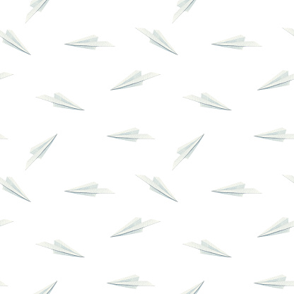 Seamless pattern. Back to school. Hand-drawing background with paper planes, childish design watercolor illustration.