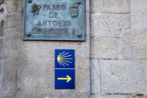 Symbol of the Camino de Santiago in a street of the village of Pontevedra in Galicia (Spain)
