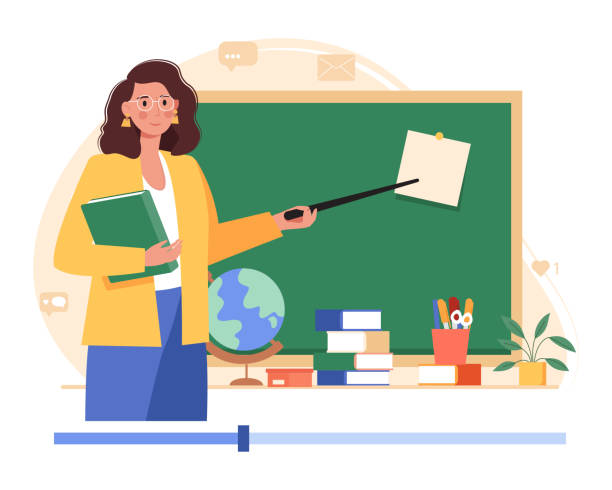 bildbanksillustrationer, clip art samt tecknat material och ikoner med online learning concept. female teacher with books and chalkboard video lesson. computer screen with female teacher in classroom explaining the lesson. digital classroom. flat vector illustration. - professor