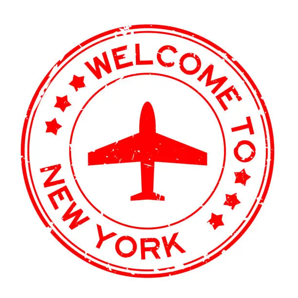 Vector illustration of Grunge red welcome to new york with airplane icon round rubber seal stamp on white background