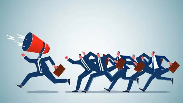 Vector illustration of Market advertising marketing and communications, job postings, important announcements or information notices, a group of businessmen running after a businessman whose head is a megaphone