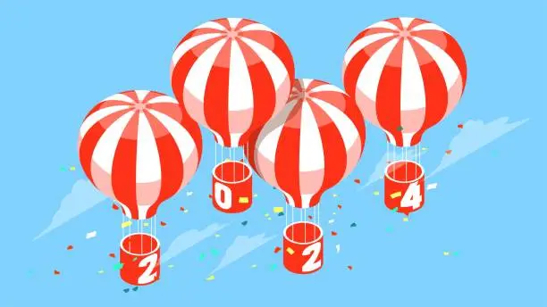 Vector illustration of 2024 Career or Business Outlook, Future Predictions and Plans, New Expectations and New Goals, Isometric New Year 2024 Hot Air Balloon Flying into the Sky with Flying Confetti