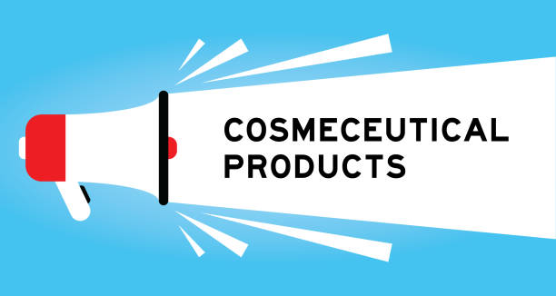 istock Color megaphone icon with word cosmeceutical products in white banner on blue background 1889246403