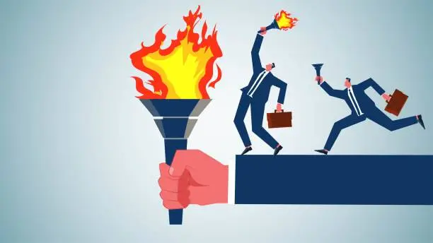 Vector illustration of Passing on of cultural fire commerce, acquiring a legacy or skill of experience, passing on or succession plan, successor, torch relay, businessman taking an unlit torch to a giant's torch to be lit