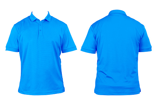 Blank clothing for design. Light blue polo shirt, clothing on isolated white background, front and back view, isolated white. Mockup. Printable polo shirt design presentation, clipping path.