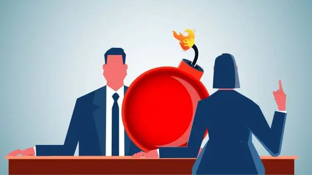Vector illustration of Negotiations and Threats, Unfair Competition, Difficult Relationships, Tense Relationships Negotiations or Conversations, Businessman and Businesswoman Sitting at a Table with a Bomb, Conversations