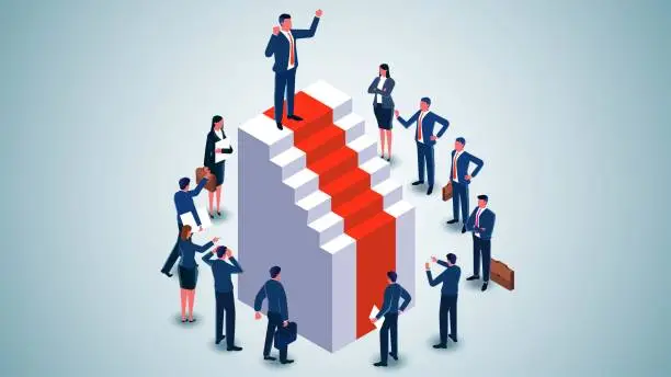 Vector illustration of Career Competition or Leadership, Career Skills Advantage, Career Skills Gap, Winners in Competition, Group of Failed Businessmen Looking at the Successful One Standing at the Top of the Stairs