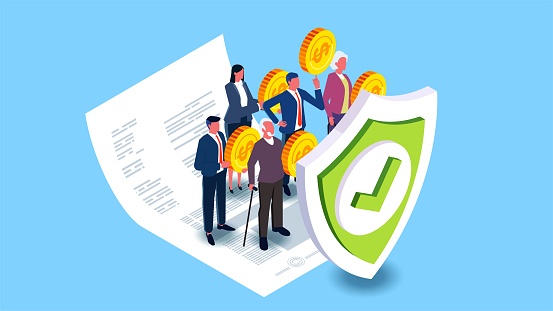 Pension Insurance, Wealth Protection and Insurance, Retirement and Savings Protection and Security, Isometrics Standing Behind the Shield A Bunch of Merchants and Retirees with Gold Coins