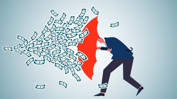 istock Protection against cold winds or economic winters, protection against economic crises, economic downturns, defensive investments, property insurance or protection, businessmen holding umbrellas against high winds and economic shocks 1889254919