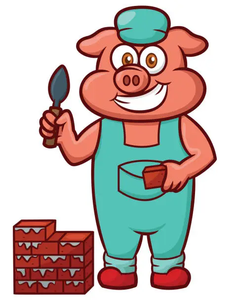 Vector illustration of Pig bricklayer worker cartoon