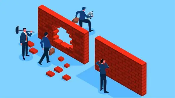 Vector illustration of Breaking through barriers or overcoming difficulties, setbacks, creating new opportunities and paths, determination and courage to overcome difficulties, isometric a businessman taking a hammer and destroying a wall to create an exit