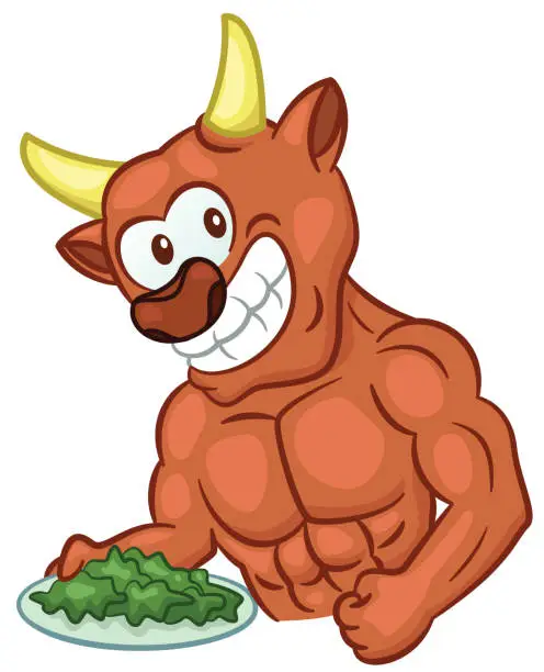 Vector illustration of Muscular bull with a plate of vegetables