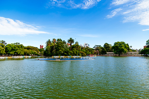 Rosario Argentina, Independence Park. Panoramic view of the lake with colorful boats. Touristic point of Rosario.