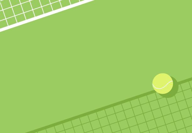 ilustrações de stock, clip art, desenhos animados e ícones de green tennis court with tennis ball and net - tennis court aerial view vector