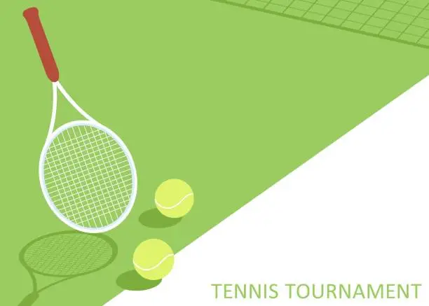 Vector illustration of Green Tennis Court with Tennis Ball, Racket