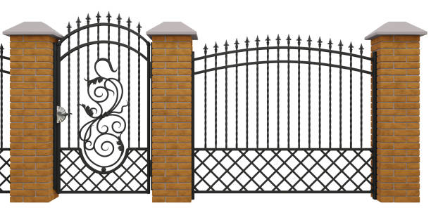 istock Decorative forded fence with brick piers and a gate. Wrought iron fence. 3D render. 1889313047