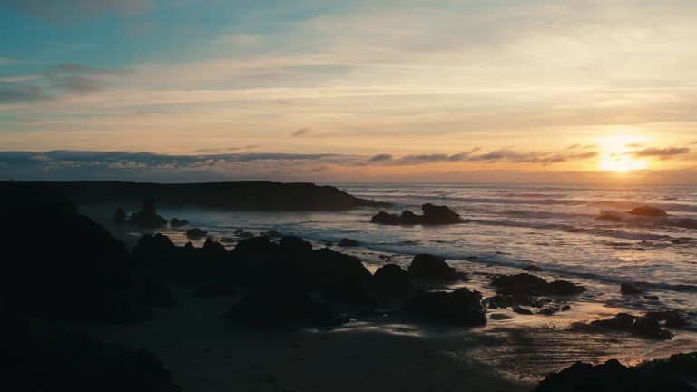 Scenic view of the Glass Beach with sunset scene in the background near Fort Bragg, California