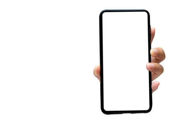 istock Young female hand holding bezel-less smartphone white screen isolated on white background. 1889324226