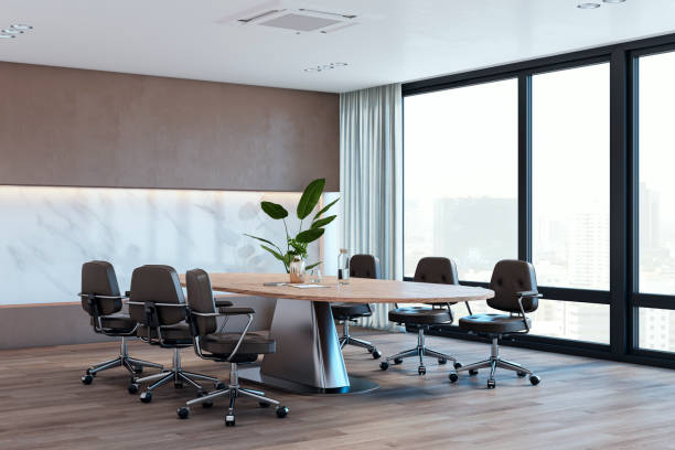 istock Modern meeting room interior with window and city view, waiting area. 3D Rendering. 1889352686
