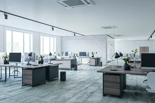 Modern light coworking office interior with window and city view, furniture. 3D Rendering