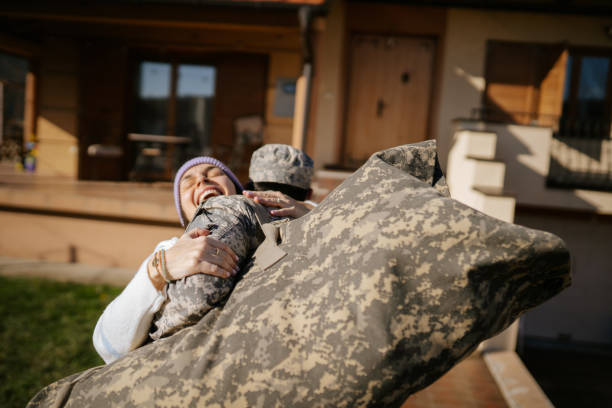 Young Wife waiting her husband soldier at the front porch