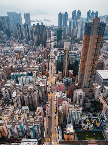 Aerial view of Hong Kong apartments in cityscape background, Sham Shui Po District