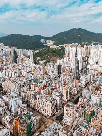 Aerial view of Hong Kong apartments in cityscape background