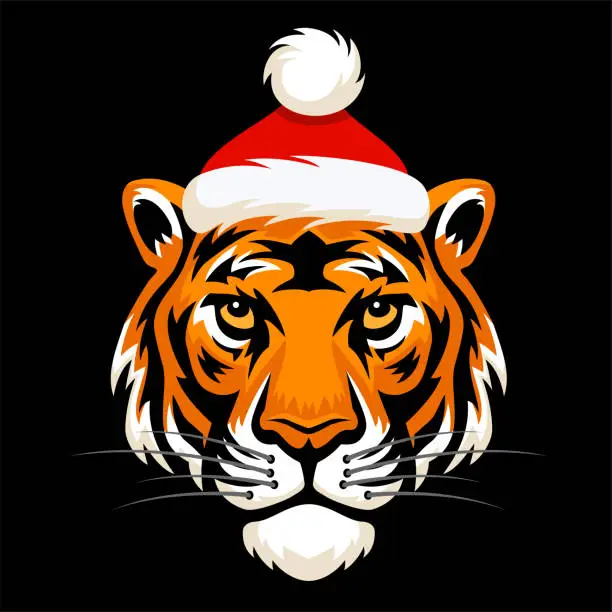 Vector illustration of Fierce tiger wearing Santa Claus's hat.