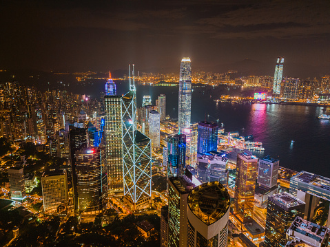 Aerial View of Hong Kong City and Victoria Harbour at night