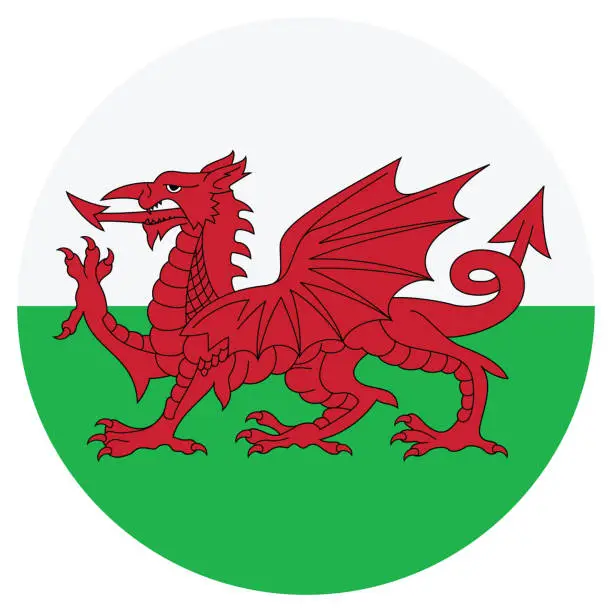 Vector illustration of Wales flag. Button flag icon. Standard color. Circle icon flag. 3d illustration. Computer illustration. Digital illustration. Vector illustration.