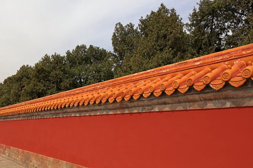 Yellow tile and red wall architectural landscape in Ditan Park, Beijing, China, 2007