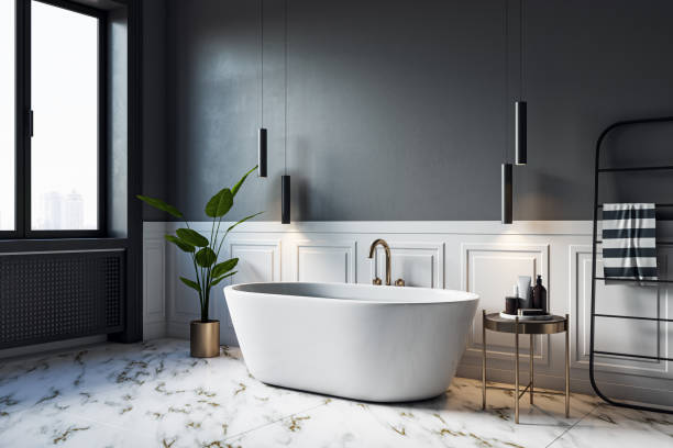 istock Modern gray and marble bathroom interior with window and various objects. Hotel and accommodation designs. 3D Rendering. 1889387266