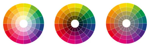 Vector illustration of Colour palette wheel - RYB model, circle divided into sixteen shades, version with different light, dark and saturation