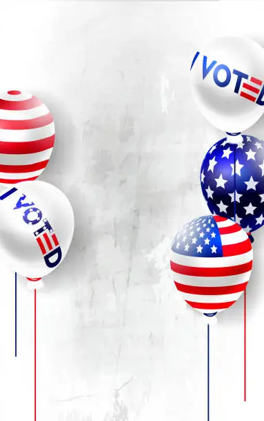 Vector illustration of Election day, political election campaign in realistic style. Balloons with American flag and text on abstract grunge concrete wall background. Poster for voting in elections.