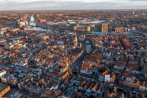 Aerial drone view of the historical center of Alkmaar, North Holland, Netherlands